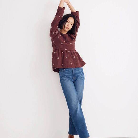Madewell Embroidered Lightspun Peplum Open-Back Top Vintage Mulberry Sz M - Picture 3 of 7
